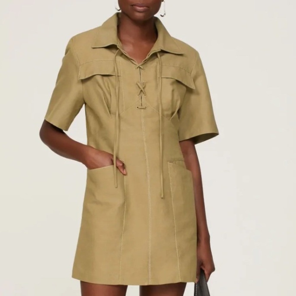 Sandro Linoa Olive Green Linen Viscose Lace Up Safari Mini Dress